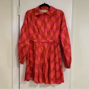 Emily McCarthy Geometric Print Mod Mini Dress Puff Sleeve Pleated Skirt Size Med